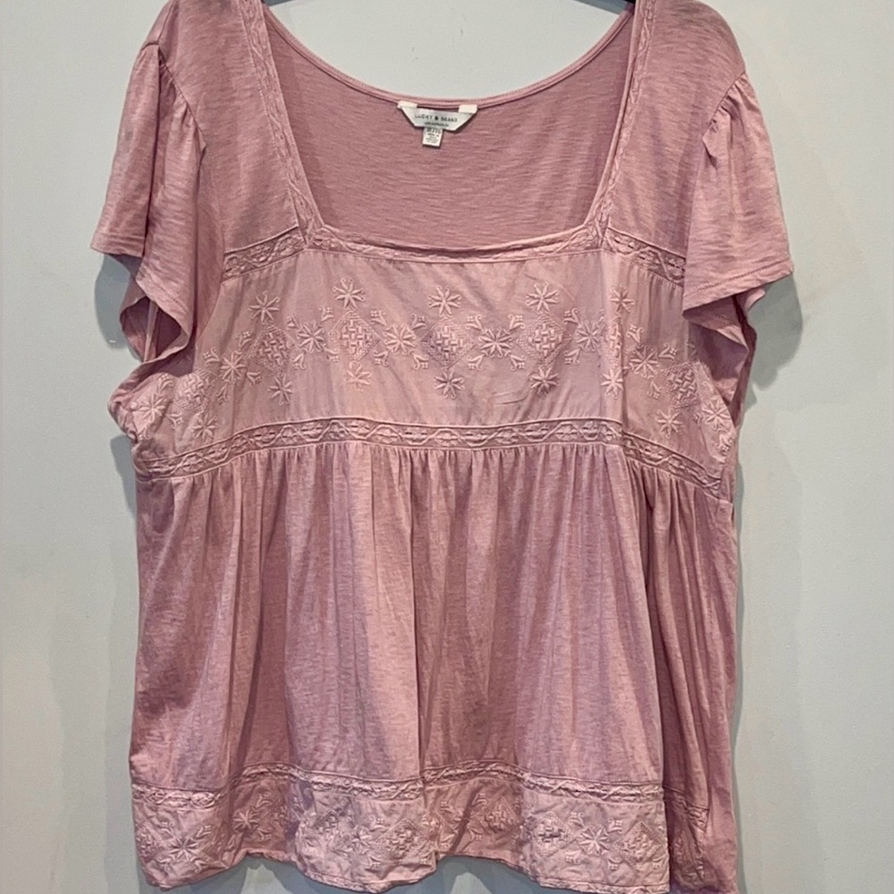 Lucky Brand Light Pink Embroidered Short Sleeve Peasant Blouse Women’s Size XL - Picture 4 of 10